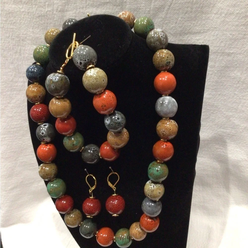 Tribal Earth Toned Colorful Beaded Necklace, Bracelet, and Earring Set